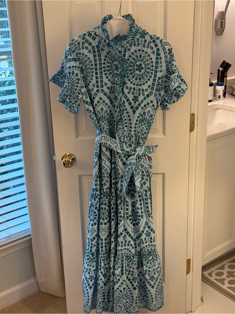 Blue Printed Midi Dress with Tie Waist and Ruffled Sleeves - Picture 6 of 7